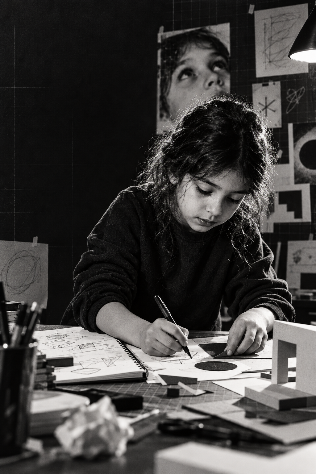 طفلة ترسم وتبني نموذجاً في مختبر إبداعي
